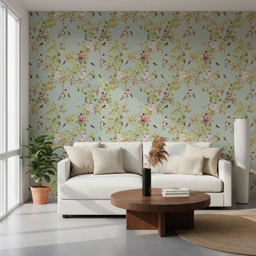 Whimsical Rococo Monkeys Wine Festival Vintage Aristocratic Vineyard Garden turquoise Wallpaper⁠