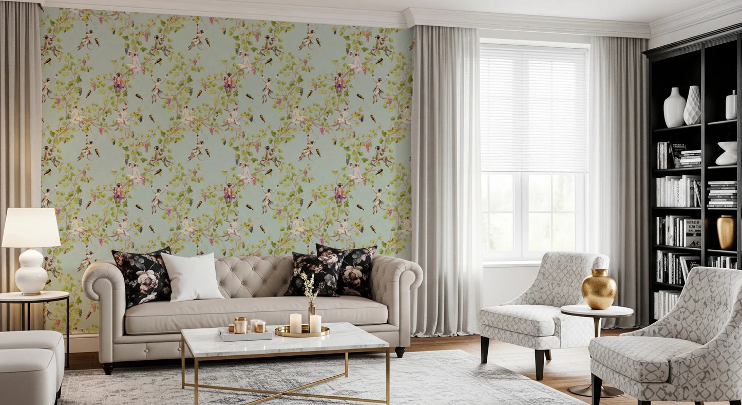 Whimsical Rococo Monkeys Wine Festival Vintage Aristocratic Vineyard Garden turquoise Wallpaper⁠