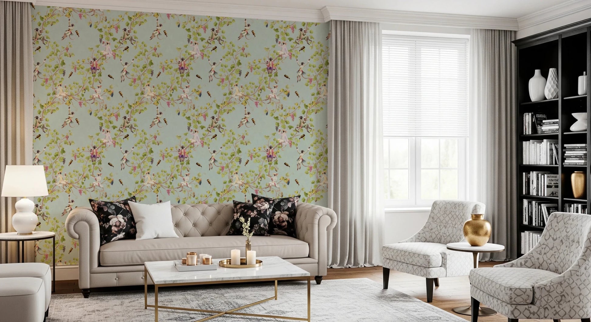 Whimsical Rococo Monkeys Wine Festival Vintage Aristocratic Vineyard Garden turquoise Wallpaper⁠