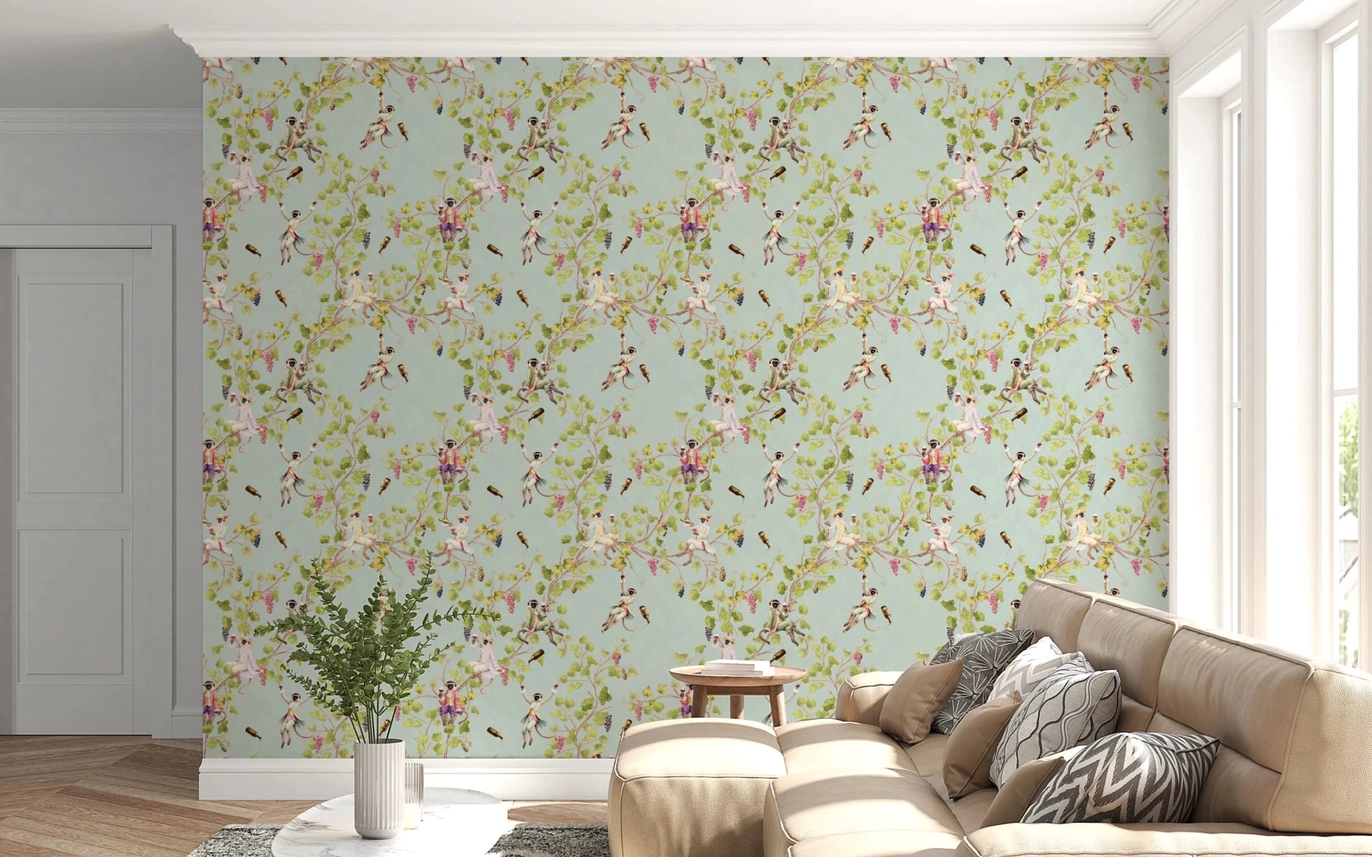 Whimsical Rococo Monkeys Wine Festival Vintage Aristocratic Vineyard Garden turquoise Wallpaper⁠