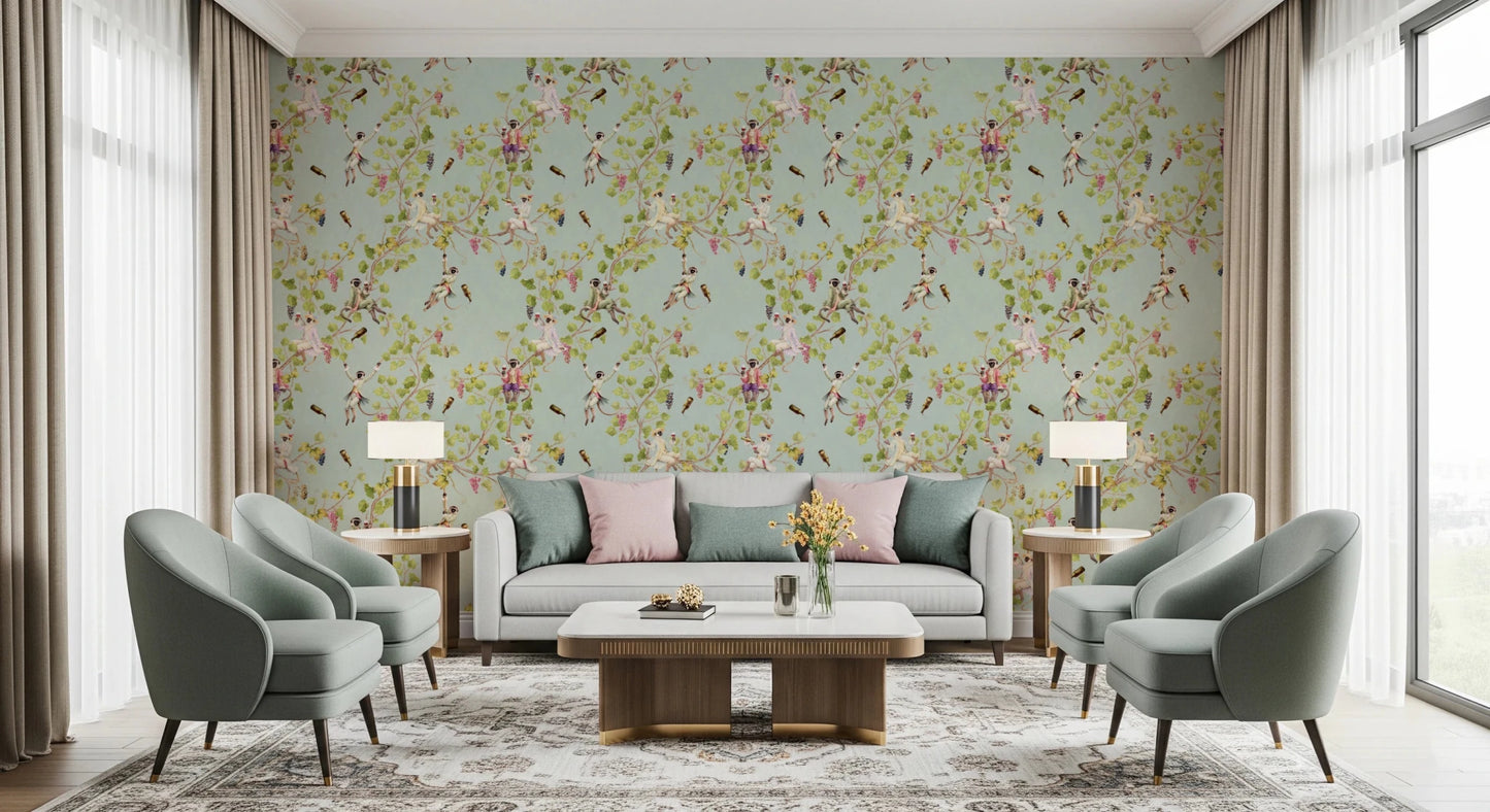 Whimsical Rococo Monkeys Wine Festival Vintage Aristocratic Vineyard Garden turquoise Wallpaper⁠