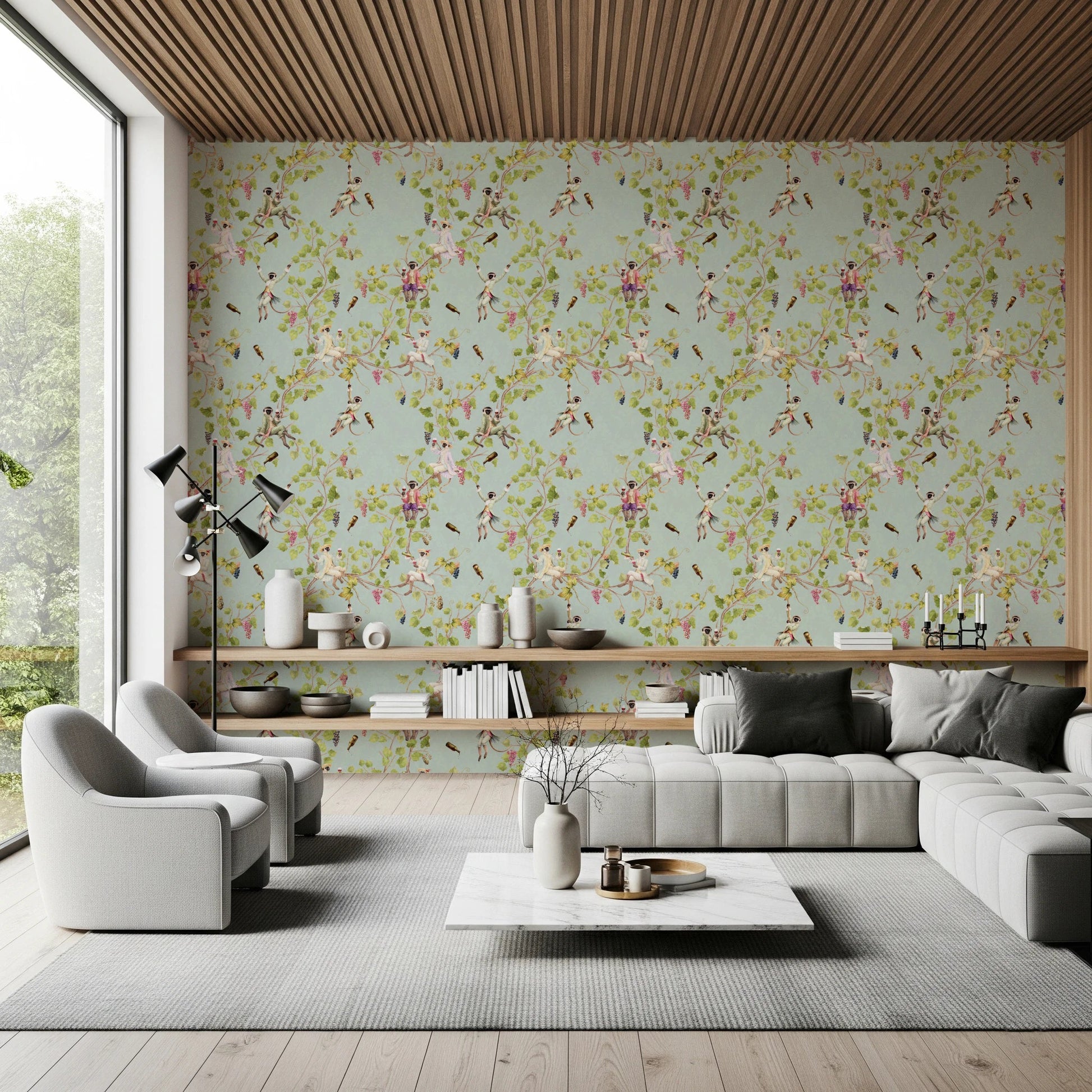 Whimsical Rococo Monkeys Wine Festival Vintage Aristocratic Vineyard Garden turquoise Wallpaper⁠