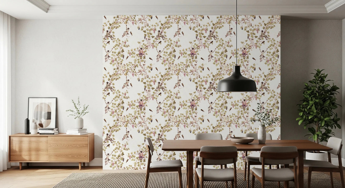 Whimsical Rococo Monkeys Wine Festival Vintage Aristocratic Vineyard Garden white Wallpaper⁠