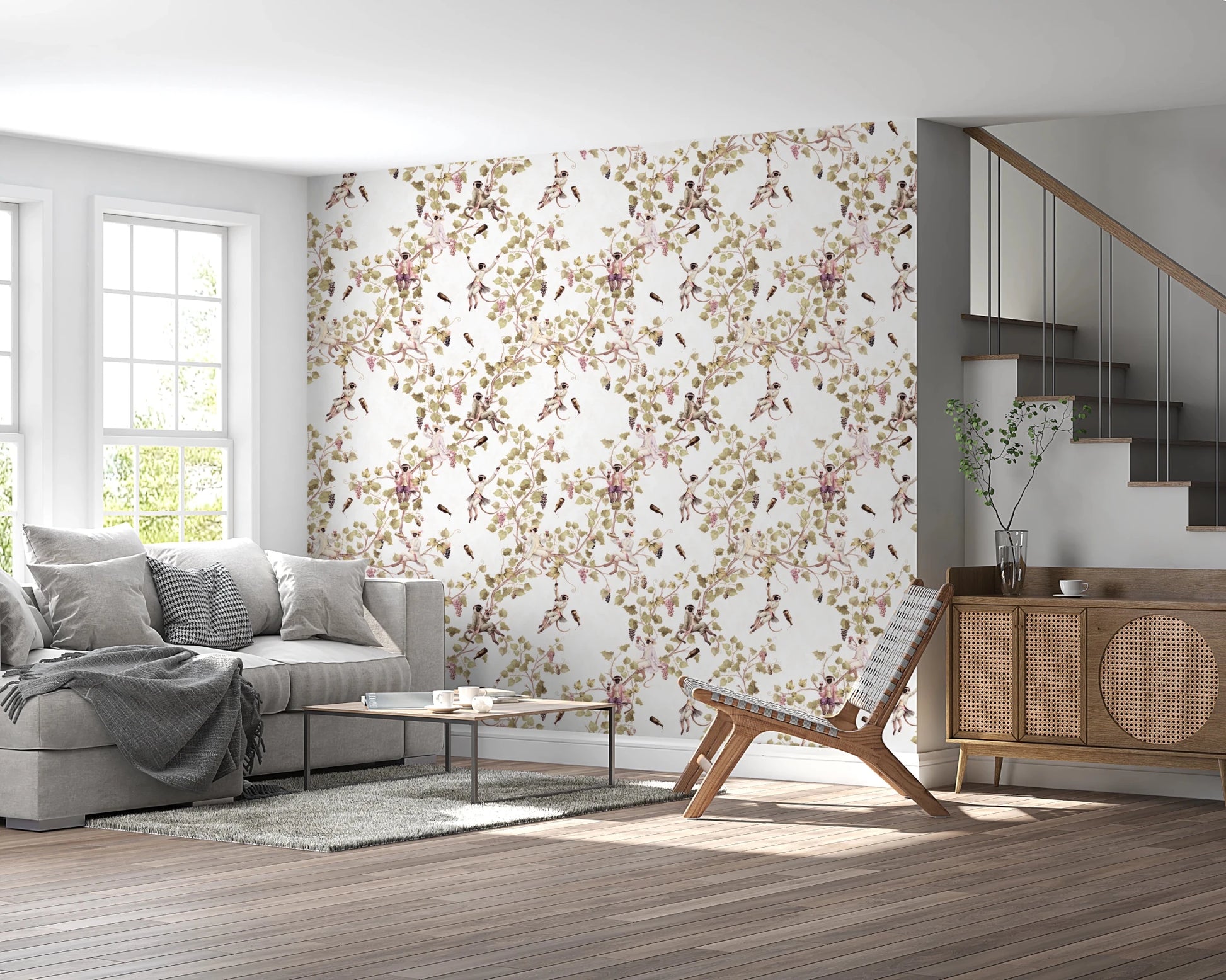 Whimsical Rococo Monkeys Wine Festival Vintage Aristocratic Vineyard Garden white Wallpaper⁠