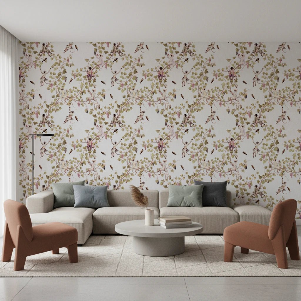Whimsical Rococo Monkeys Wine Festival Vintage Aristocratic Vineyard Garden white Wallpaper⁠