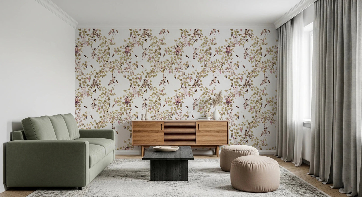 Whimsical Rococo Monkeys Wine Festival Vintage Aristocratic Vineyard Garden white Wallpaper⁠