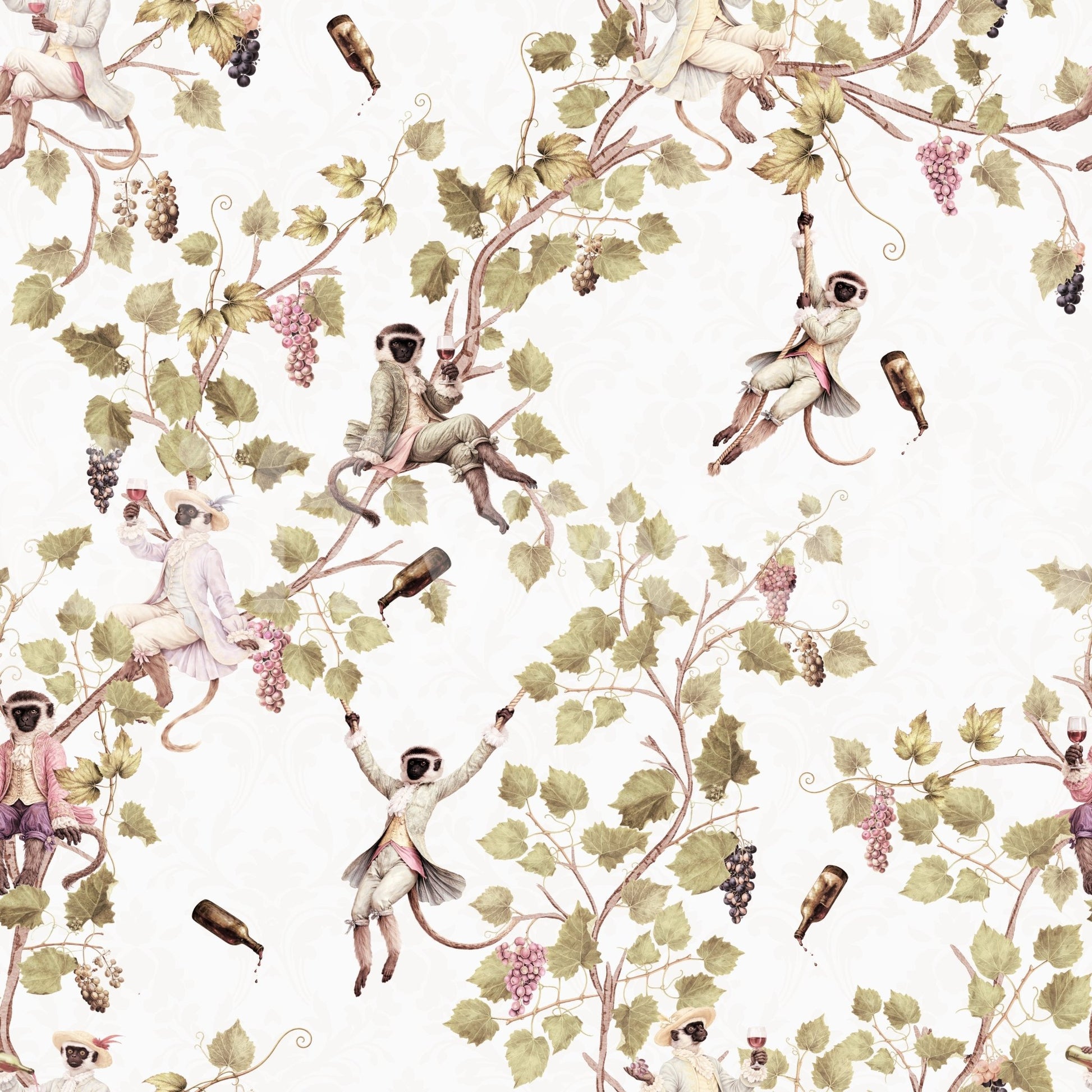 Whimsical Rococo Monkeys Wine Festival Vintage Aristocratic Vineyard Garden white Wallpaper⁠