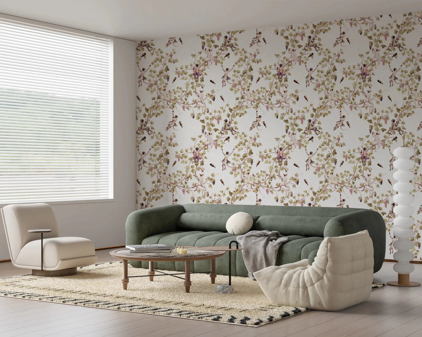 Whimsical Rococo Monkeys Wine Festival Vintage Aristocratic Vineyard Garden white Wallpaper⁠