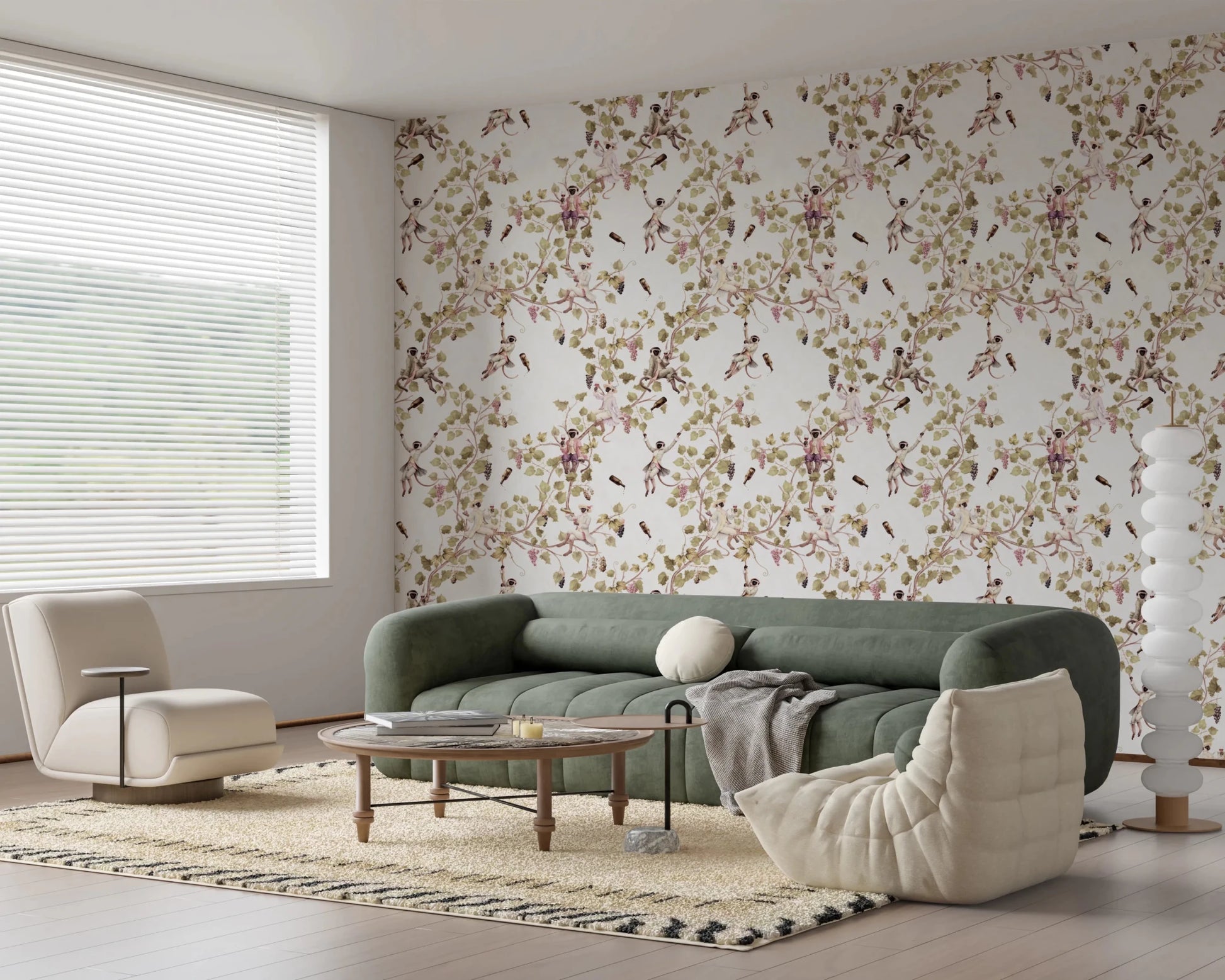 Whimsical Rococo Monkeys Wine Festival Vintage Aristocratic Vineyard Garden white Wallpaper⁠
