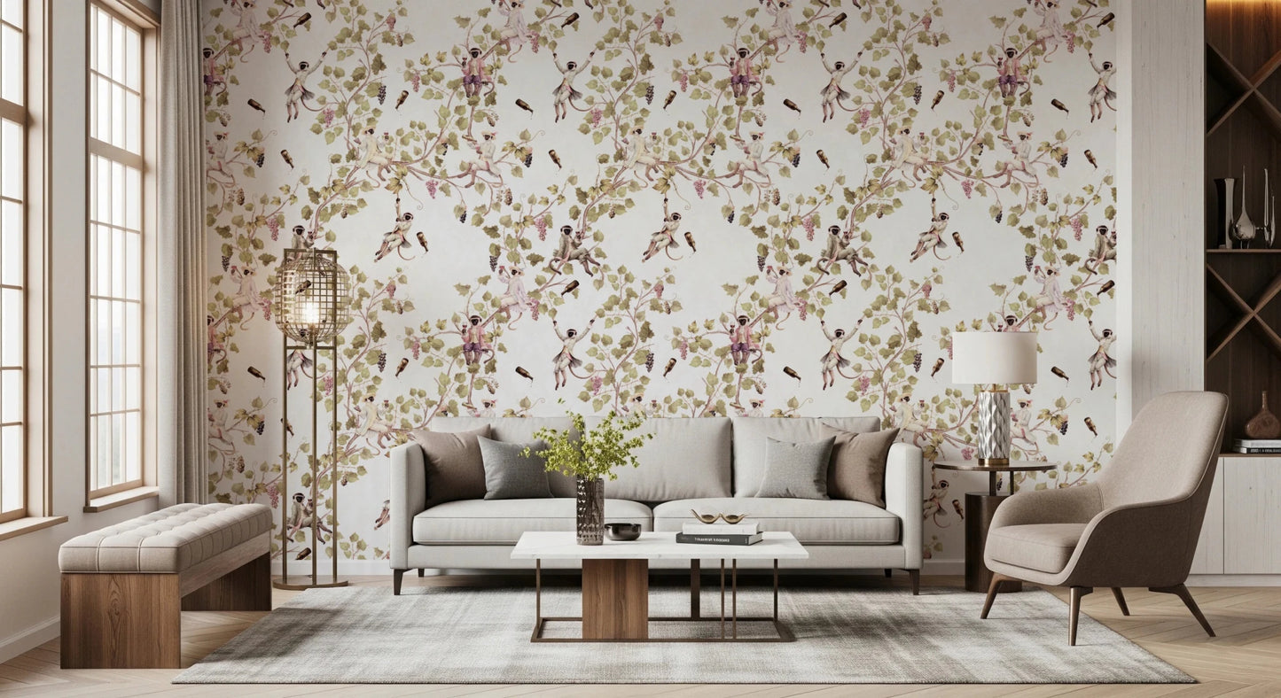 Whimsical Rococo Monkeys Wine Festival Vintage Aristocratic Vineyard Garden white Wallpaper⁠