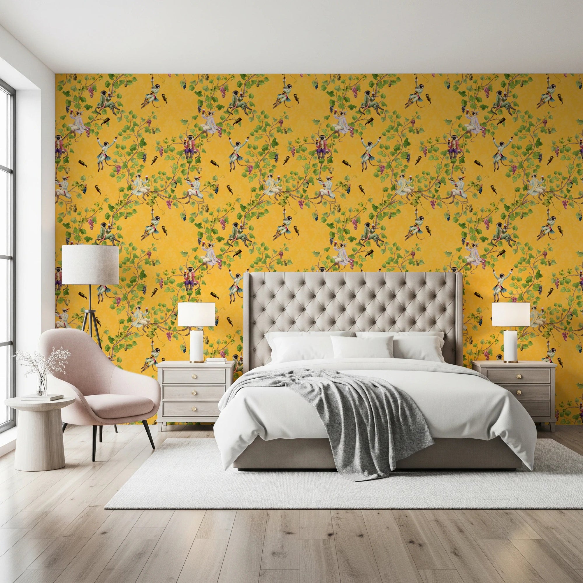 Whimsical Rococo Monkeys Wine Festival Vintage Aristocratic Vineyard Garden yellow Wallpaper⁠