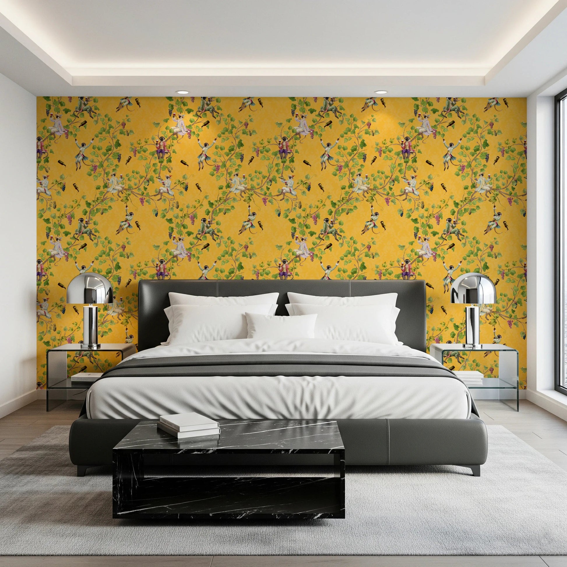 Whimsical Rococo Monkeys Wine Festival Vintage Aristocratic Vineyard Garden yellow Wallpaper⁠