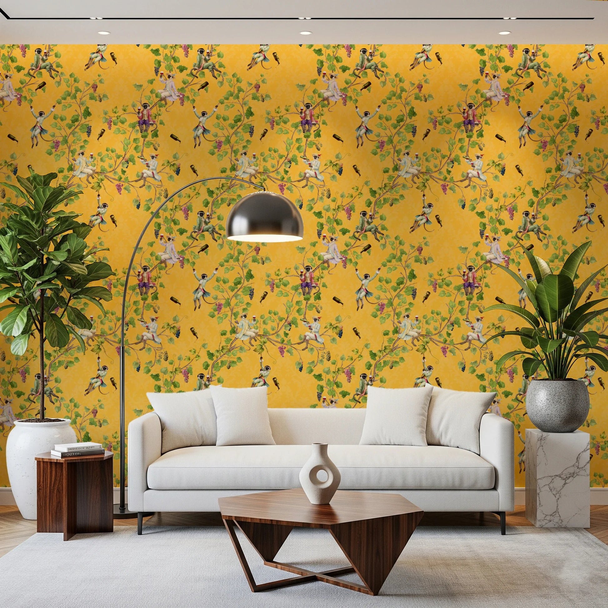 Whimsical Rococo Monkeys Wine Festival Vintage Aristocratic Vineyard Garden yellow Wallpaper⁠