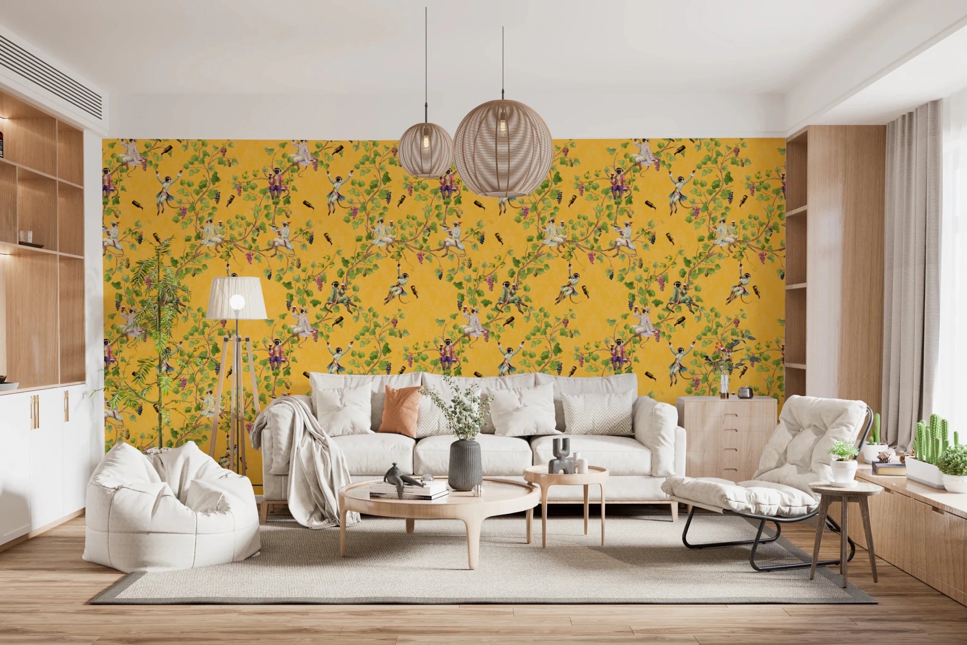 Whimsical Rococo Monkeys Wine Festival Vintage Aristocratic Vineyard Garden yellow Wallpaper⁠