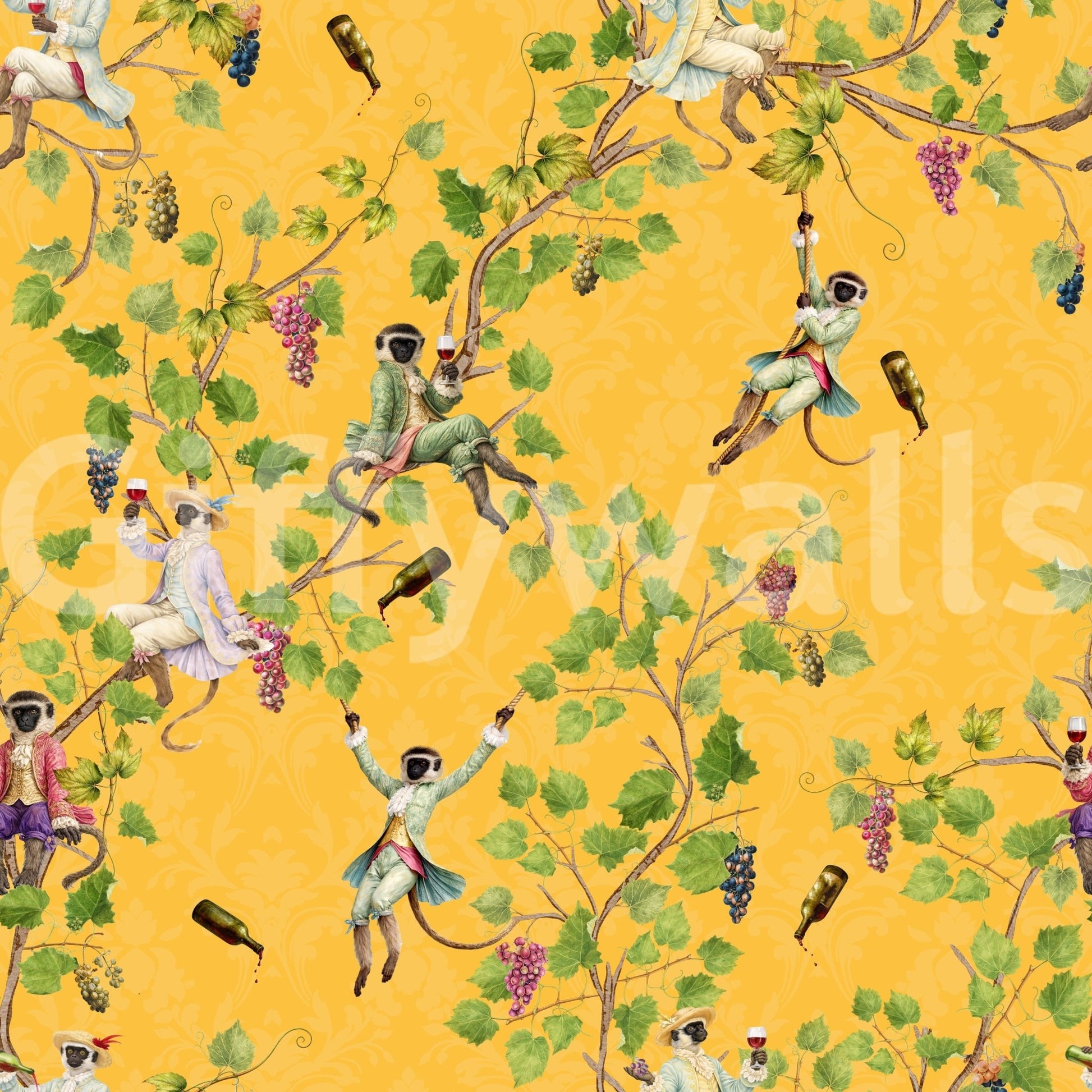 Whimsical Rococo Monkeys Wine Festival Vintage Aristocratic Vineyard Garden yellow Wallpaper⁠