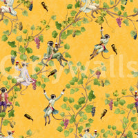 Whimsical Rococo Monkeys Wine Festival Vintage Aristocratic Vineyard Garden yellow Wallpaper⁠