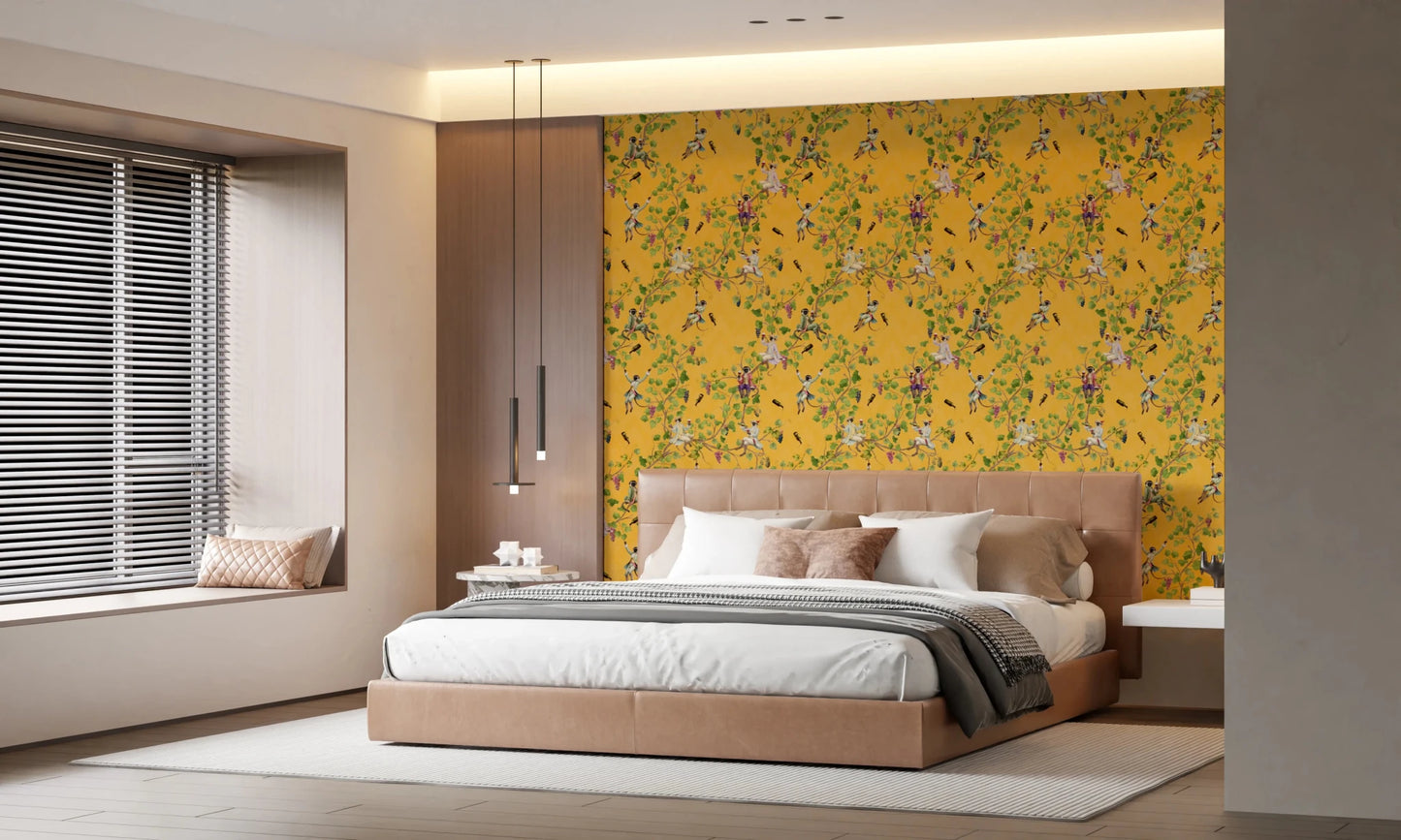 Whimsical Rococo Monkeys Wine Festival Vintage Aristocratic Vineyard Garden yellow Wallpaper⁠