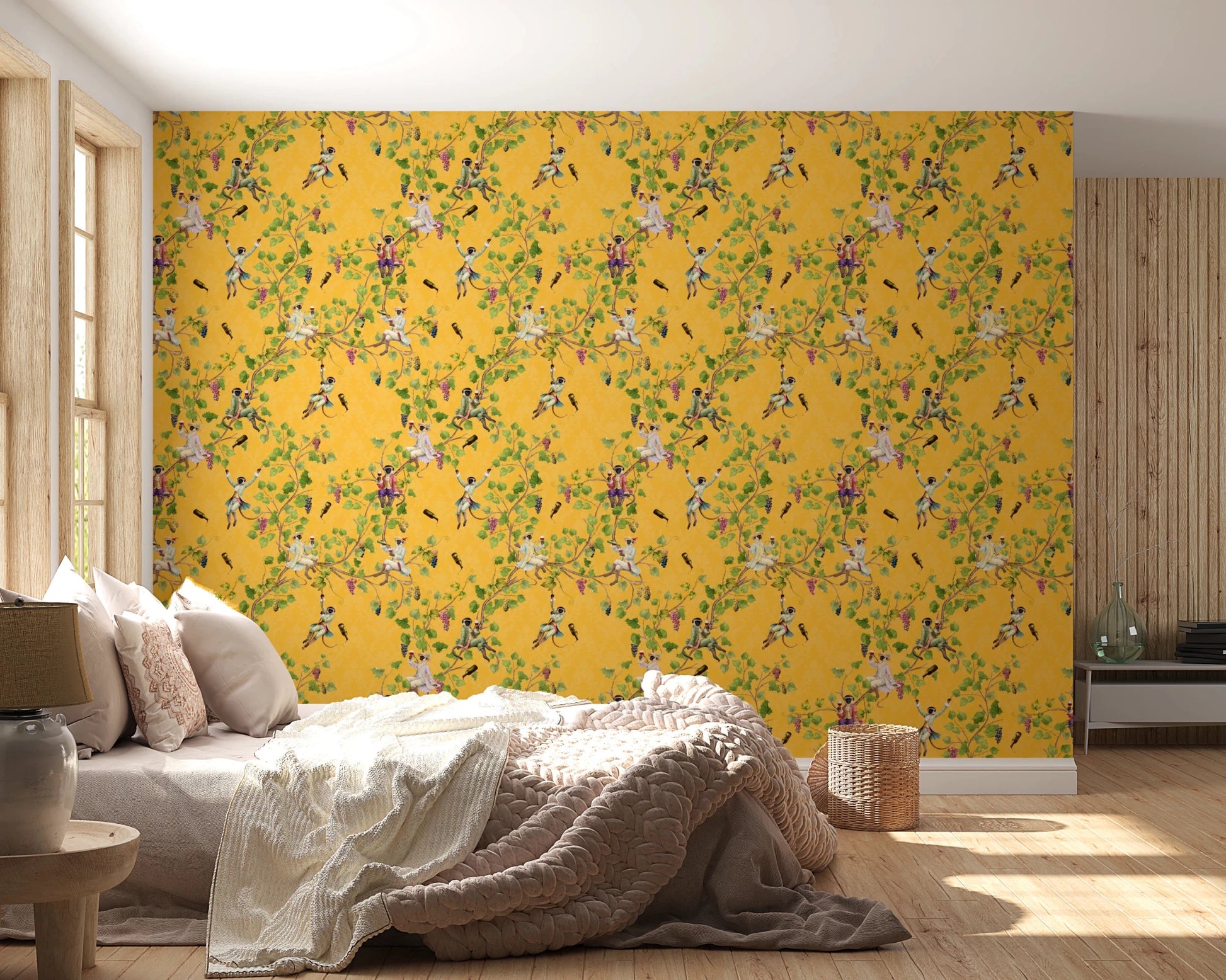 Whimsical Rococo Monkeys Wine Festival Vintage Aristocratic Vineyard Garden yellow Wallpaper⁠
