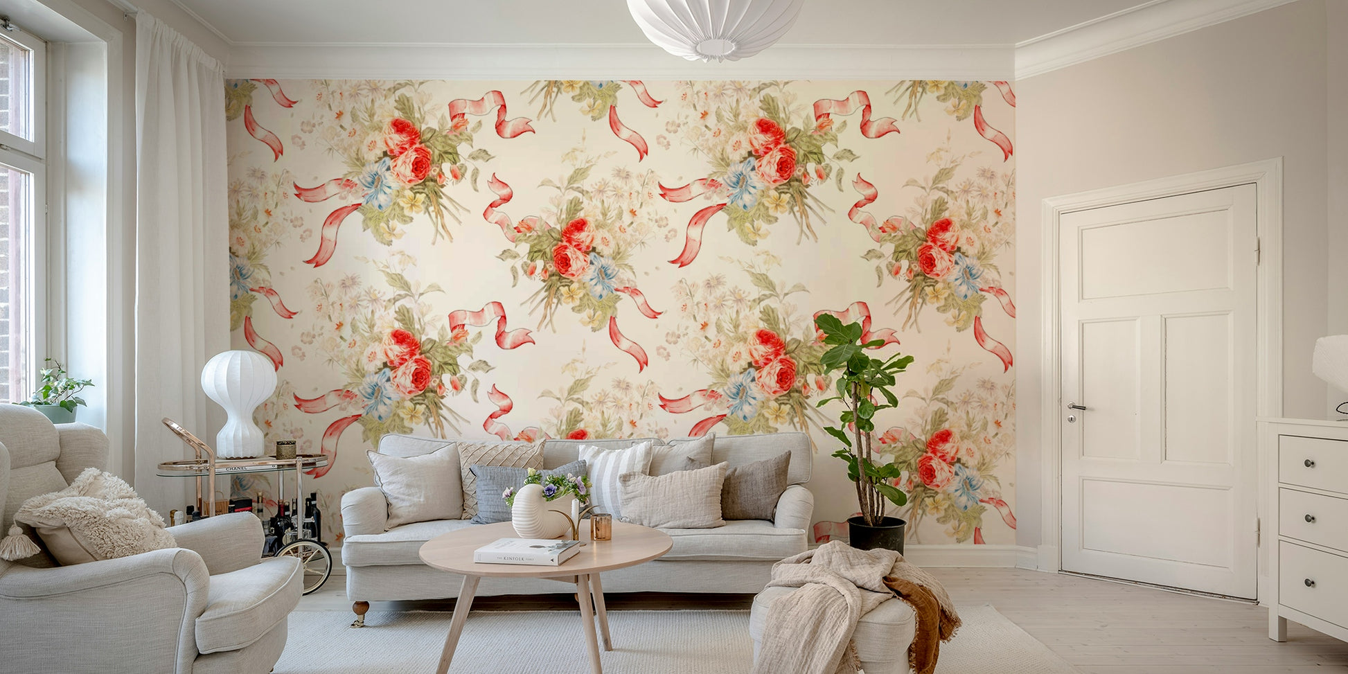Cottage-style wall mural with roses, berries, and structured stripes.

