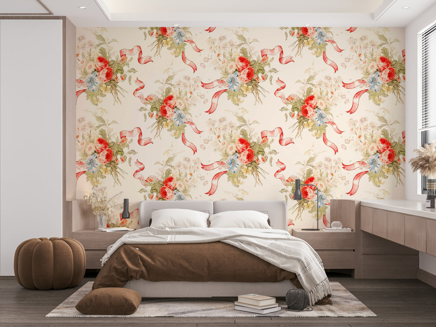 Romantic wallpaper with playful flowers and vertical lines.

