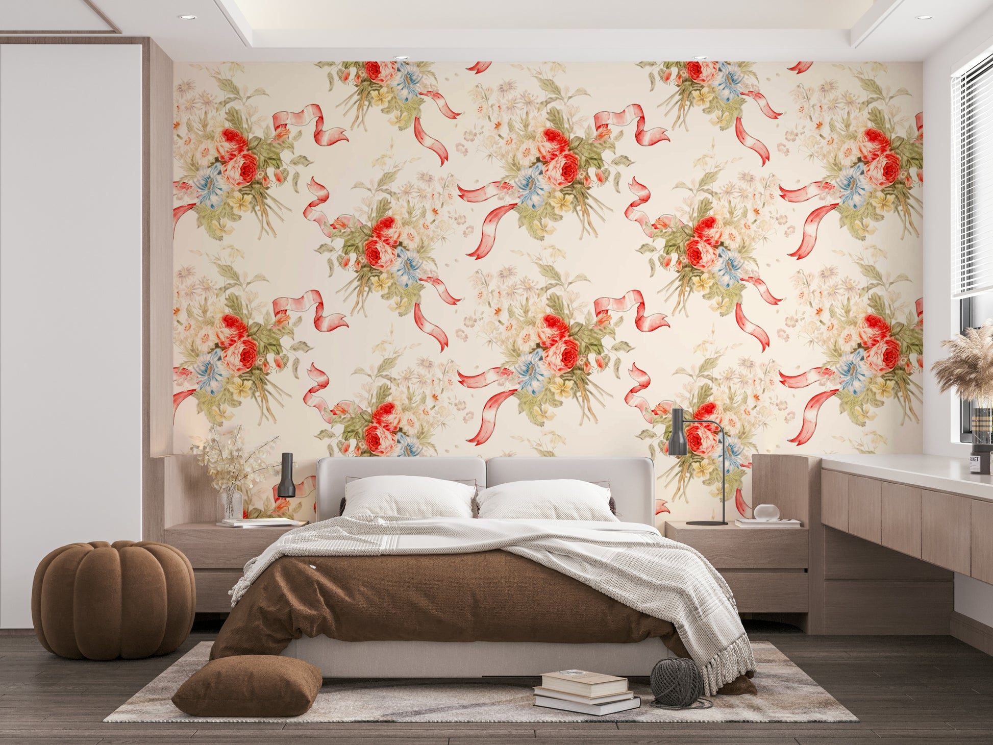 Romantic wallpaper with playful flowers and vertical lines.

