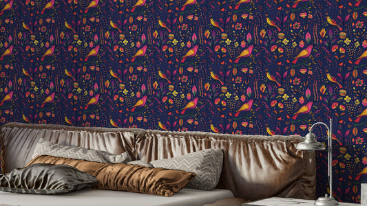 Whimsical Songbird Garden Navy Wallpaper