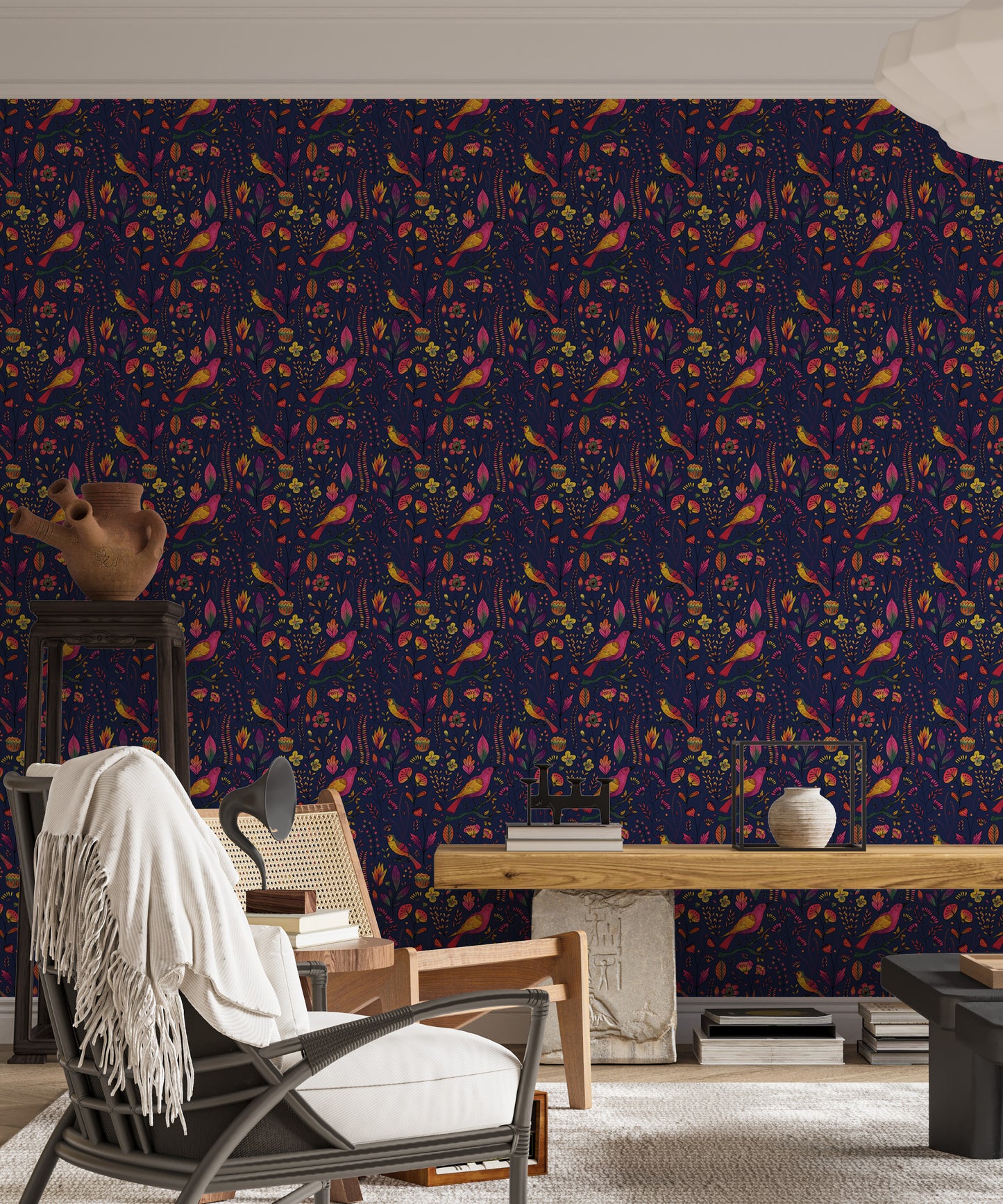 Whimsical Songbird Garden Navy Wallpaper