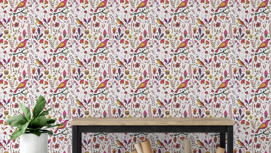Whimsical Songbird Garden White Wallpaper
