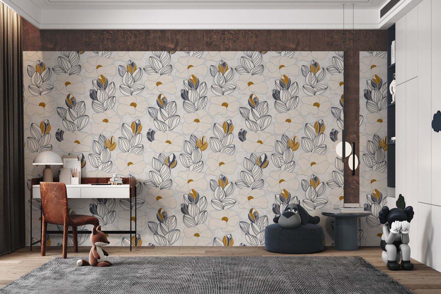 Whimsical Water Lilies wallpaper with line-drawn cream and mustard blooms in a home office
