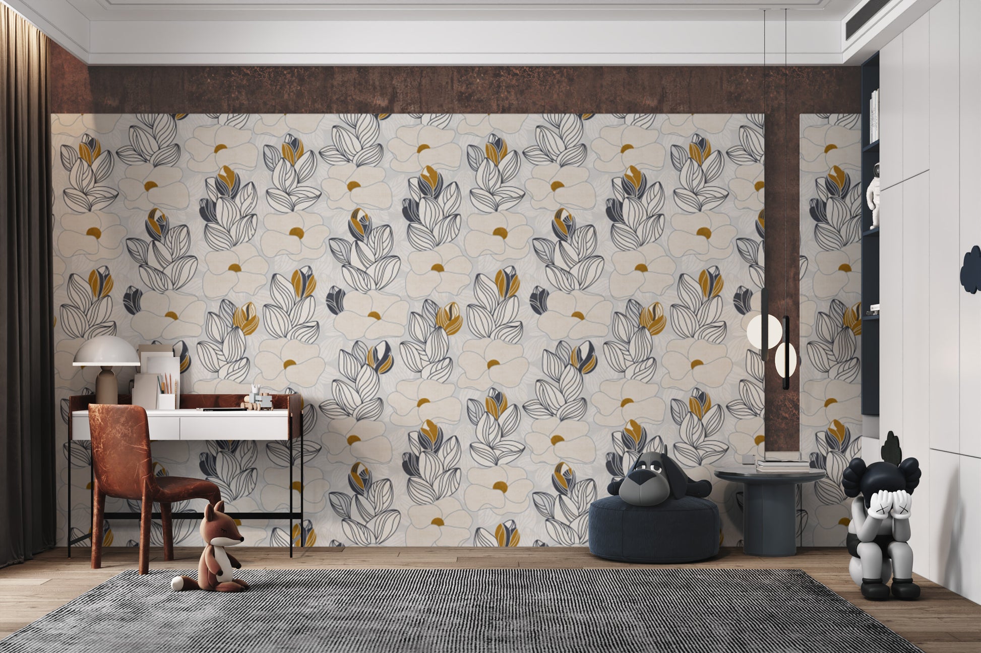 Whimsical Water Lilies wallpaper with line-drawn cream and mustard blooms in a home office