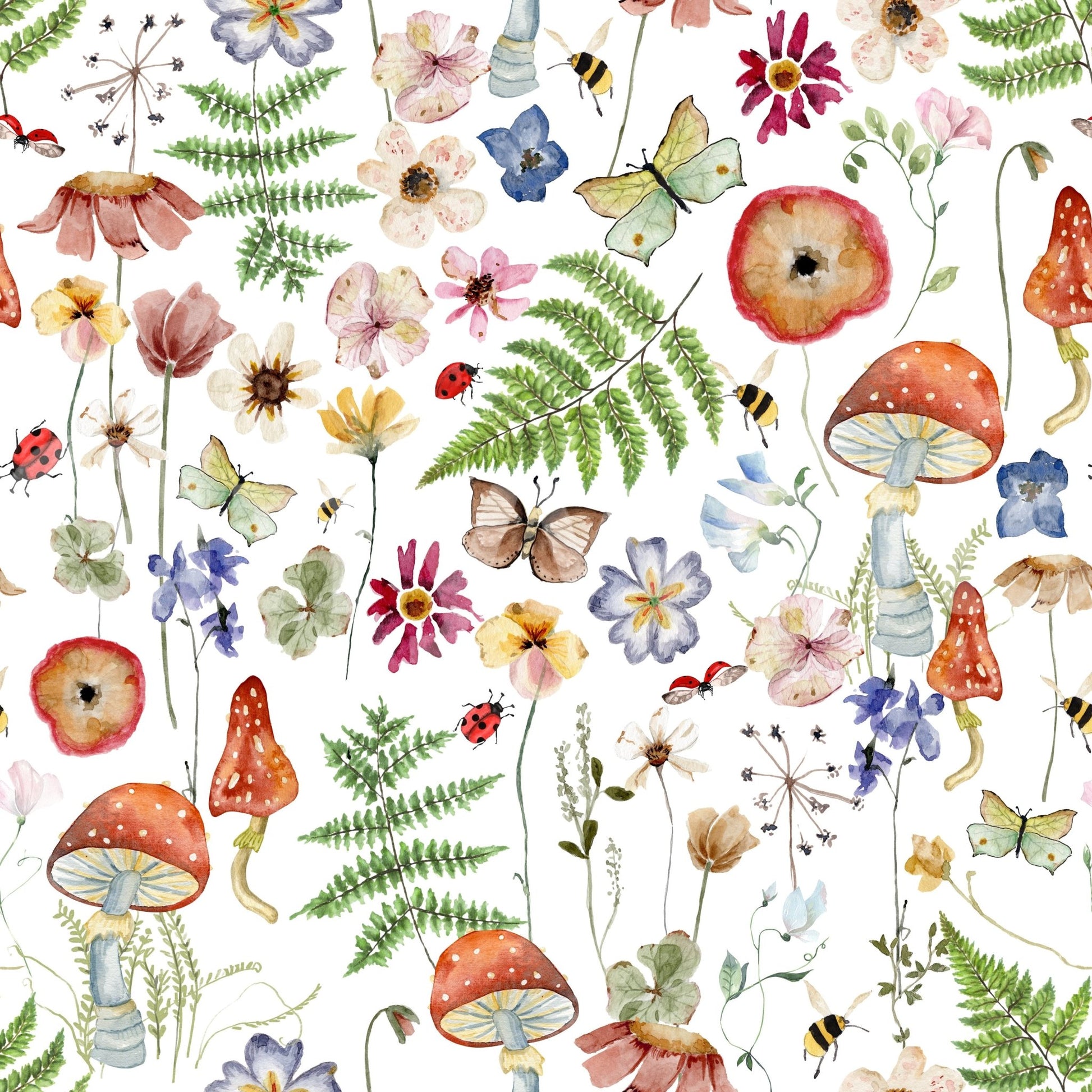 Whimsical Watercolor Meadow wallpaper close-up showing red toadstools, ferns, butterflies and ladybirds on white