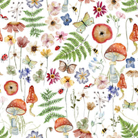 Whimsical Watercolor Meadow wallpaper close-up showing red toadstools, ferns, butterflies and ladybirds on white