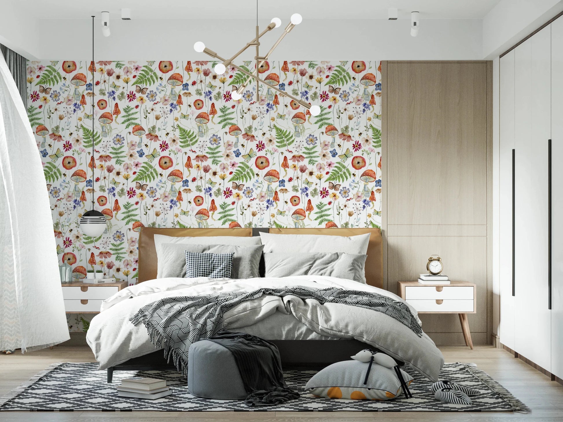 Whimsical Watercolor Meadow wallpaper mural behind a wood-headboard bed with grey bedding in a bright bedroom