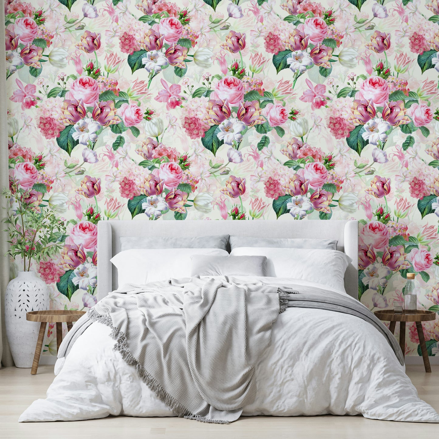 Whimsical wallpaper with soft, flowing watercolor rose designs.

