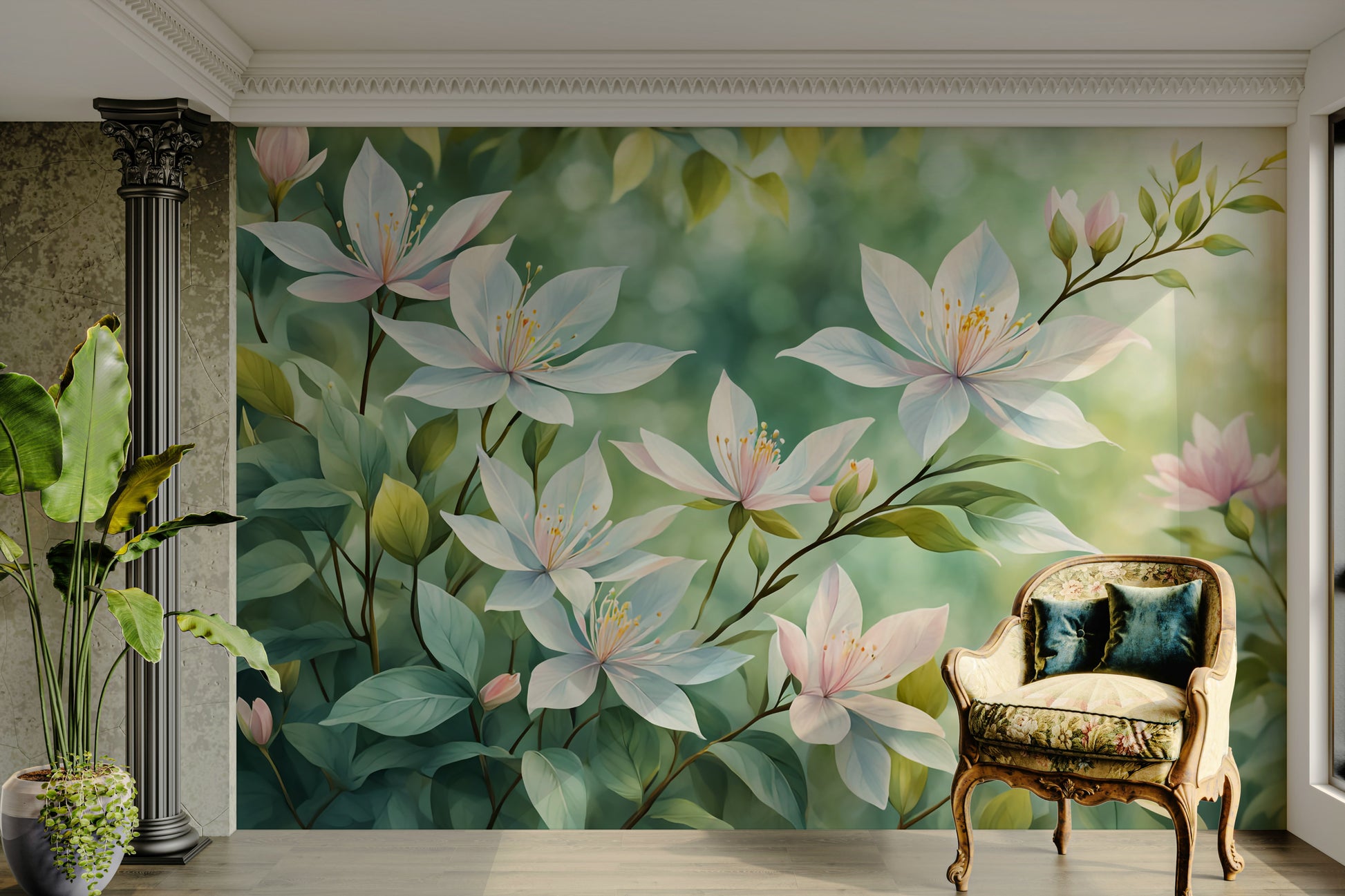Elegant wallpaper for walls with delicate white blooms

