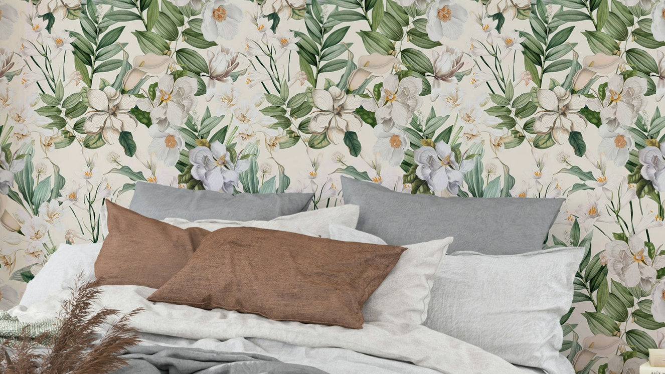 Whimsical White Garden Wallpaper with soft white floral blooms.

