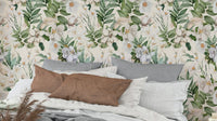 Whimsical White Garden Wallpaper with soft white floral blooms.


