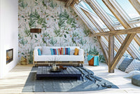 Soft floral wallpaper mural with light white blooms and pastel accents.

