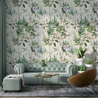 Elegant white garden wallpaper mural with intricate floral designs.


