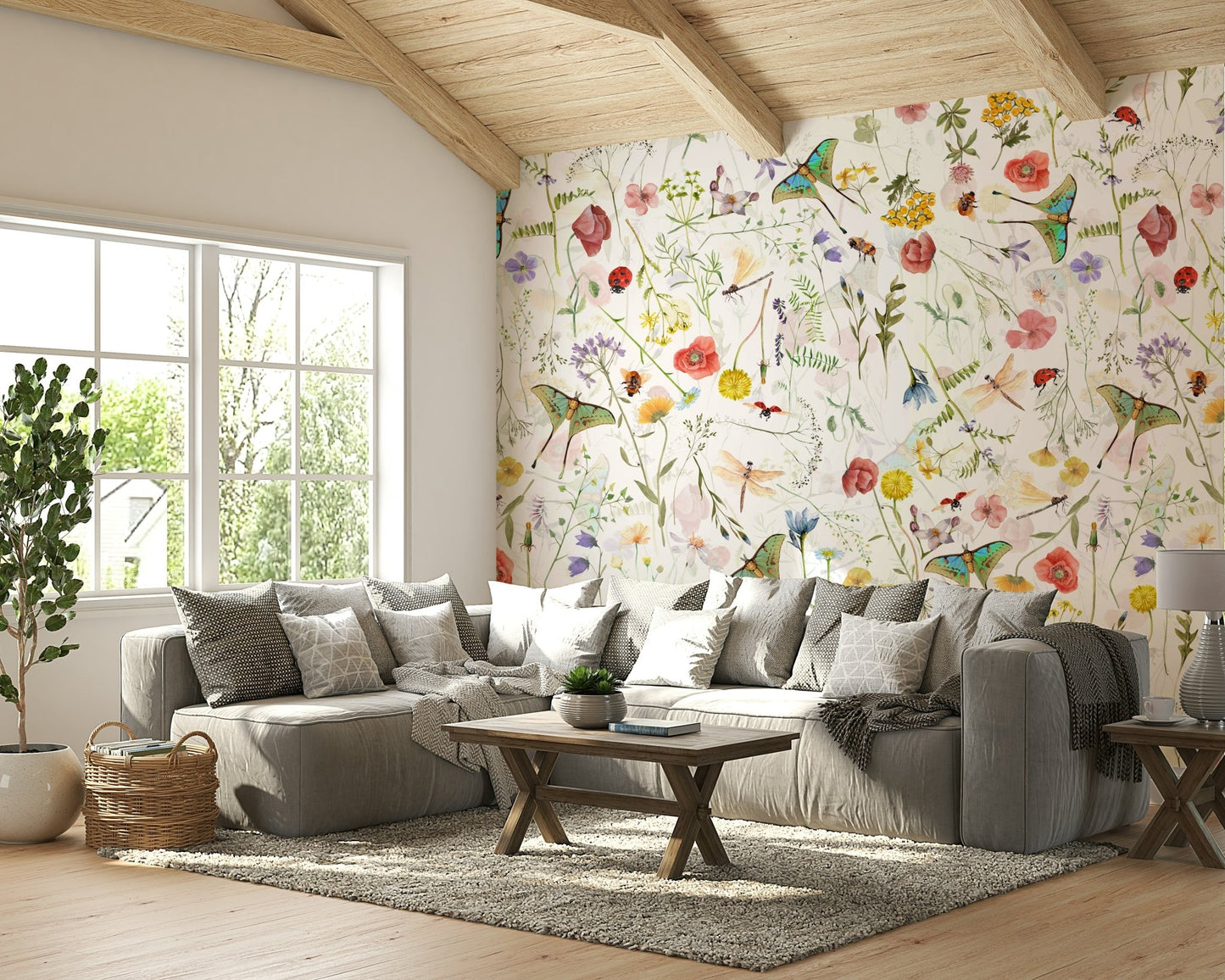 The mural is installed in a modern, eclectic living room.

