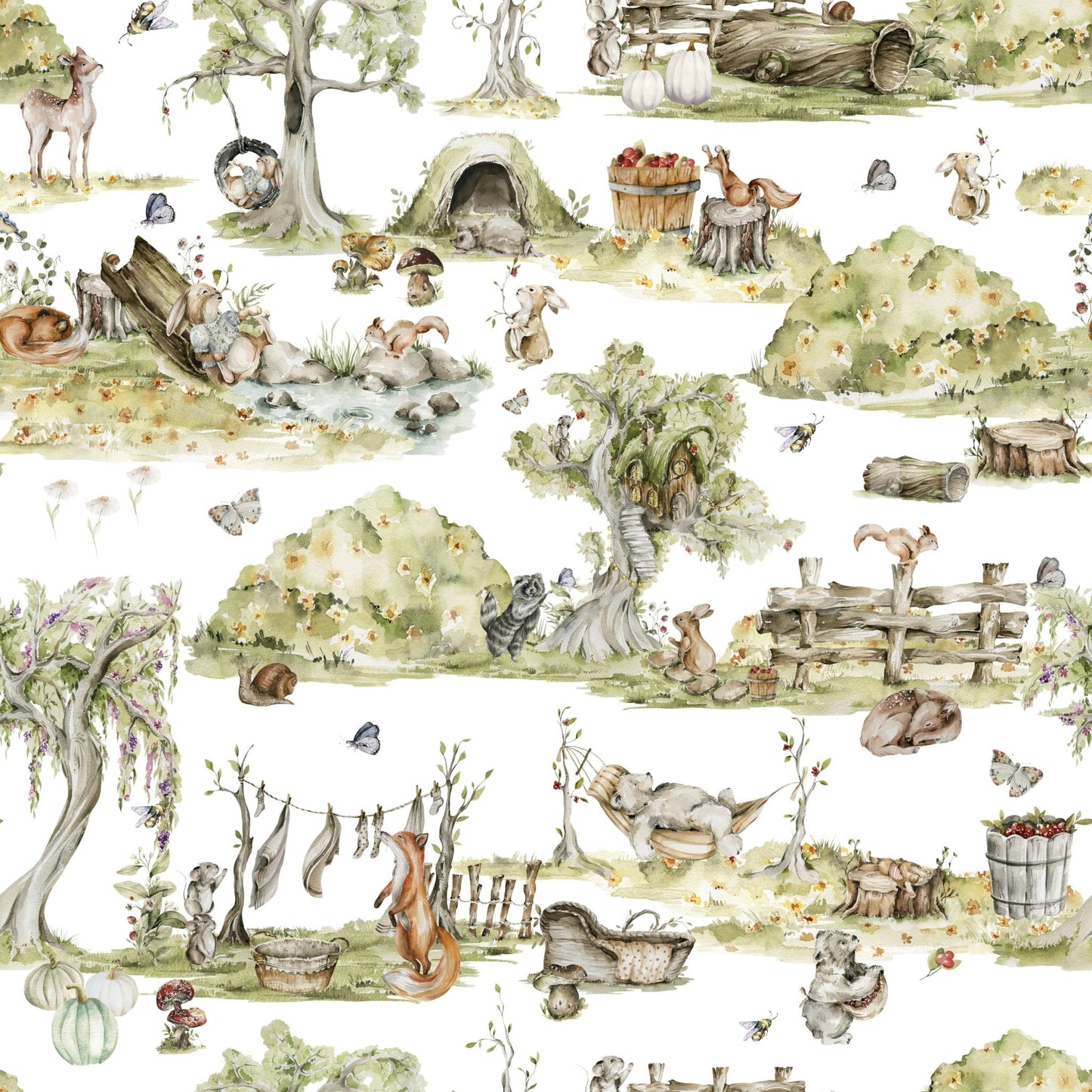 Delightful watercolor mural Whimsical Woodland Friends hedgehogs fox trees.