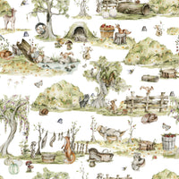 Delightful watercolor mural Whimsical Woodland Friends hedgehogs fox trees.