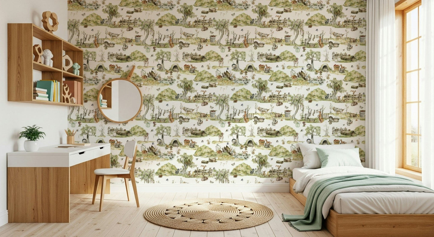 Whimsical Woodland Friends wall decor serene animal forest setting.