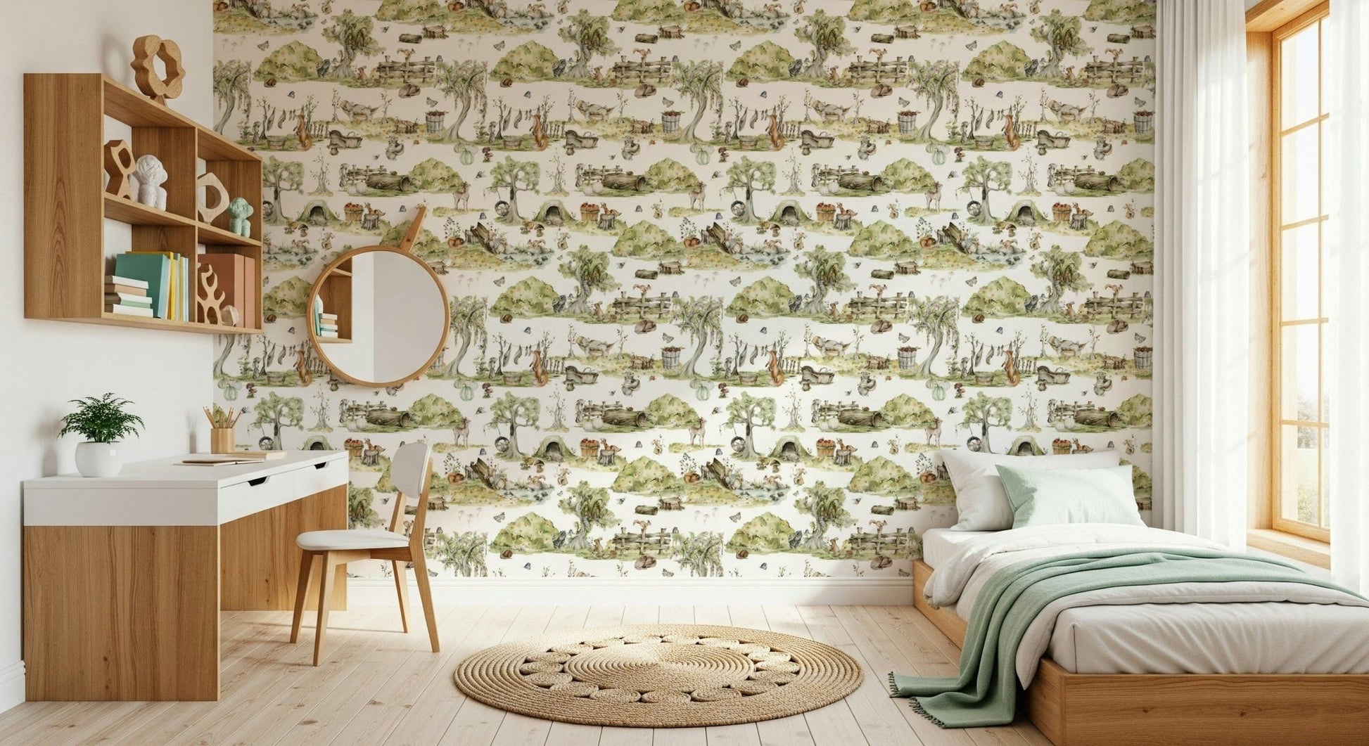 Whimsical Woodland Friends wall decor serene animal forest setting.