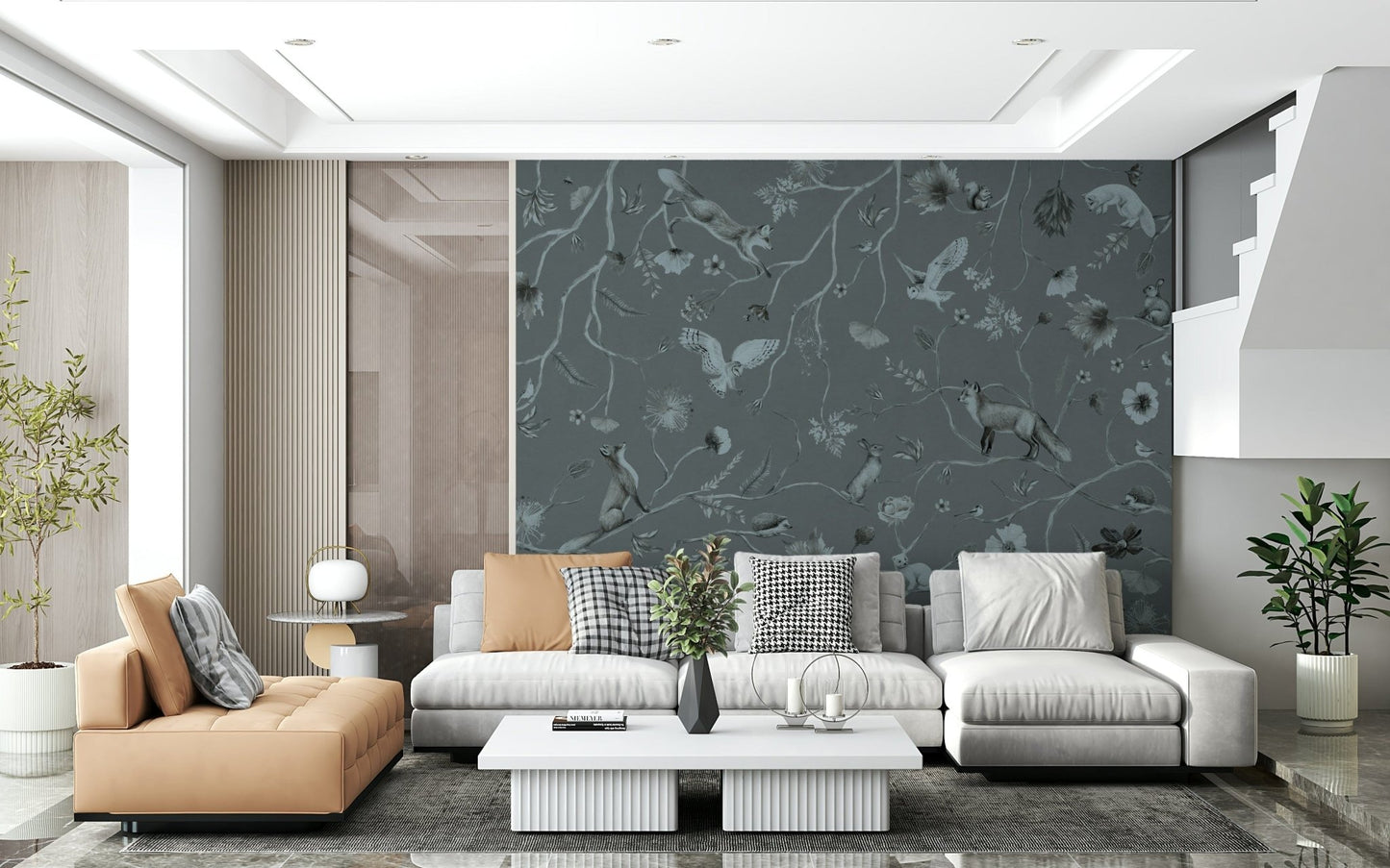 Gray-toned forest mural with detailed trees and peaceful woodland ambiance