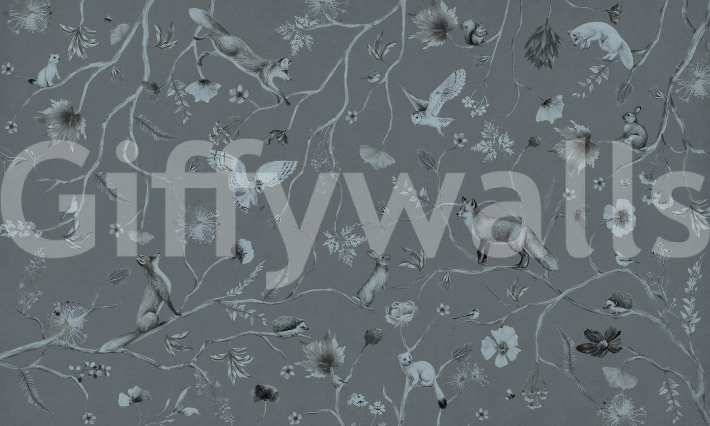 Whimsical Woodland Gray wallpaper mural shown as a full-wall design of foxes, owls and rabbits among branches in soft grey