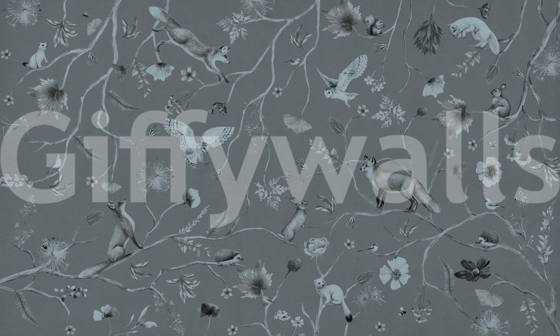 Whimsical Woodland Gray wallpaper mural shown as a full-wall design of foxes, owls and rabbits among branches in soft grey