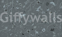 Whimsical Woodland Gray wallpaper mural shown as a full-wall design of foxes, owls and rabbits among branches in soft grey