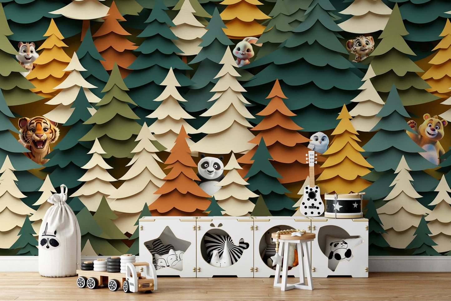 The design features a group of friendly woodland animals peeking out from behind trees.