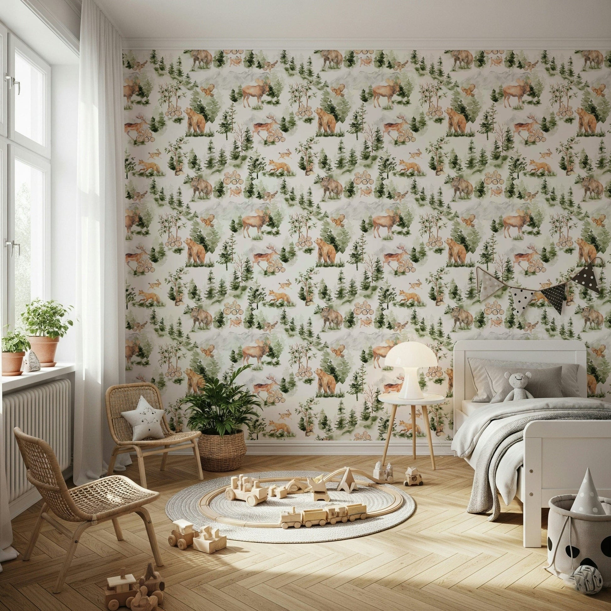 Soft green pine forest Woodland Nursery Pattern wallcovering with fauna.